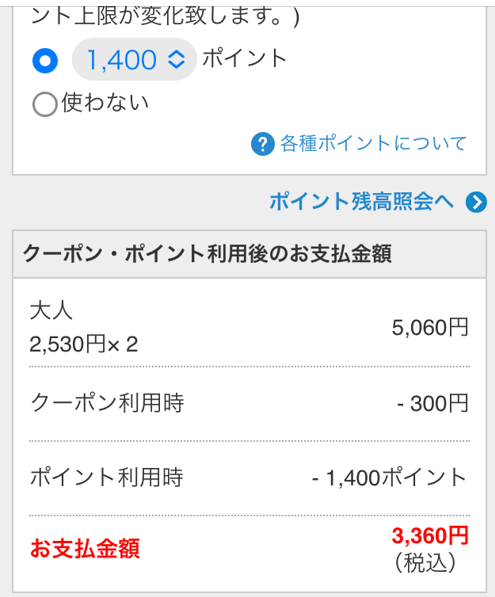 じゃらん遊び体験申し込みでポイントを併用する画面のスクリーンショット
